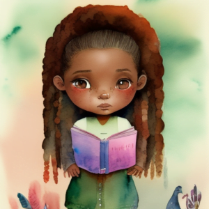 illustration of an adorably cute little black girl reading a pink book